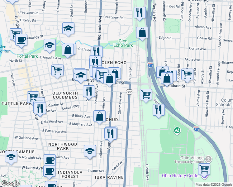 map of restaurants, bars, coffee shops, grocery stores, and more near 429 East Tompkins Street in Columbus