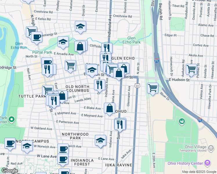 map of restaurants, bars, coffee shops, grocery stores, and more near 2481 Indianola Avenue in Columbus