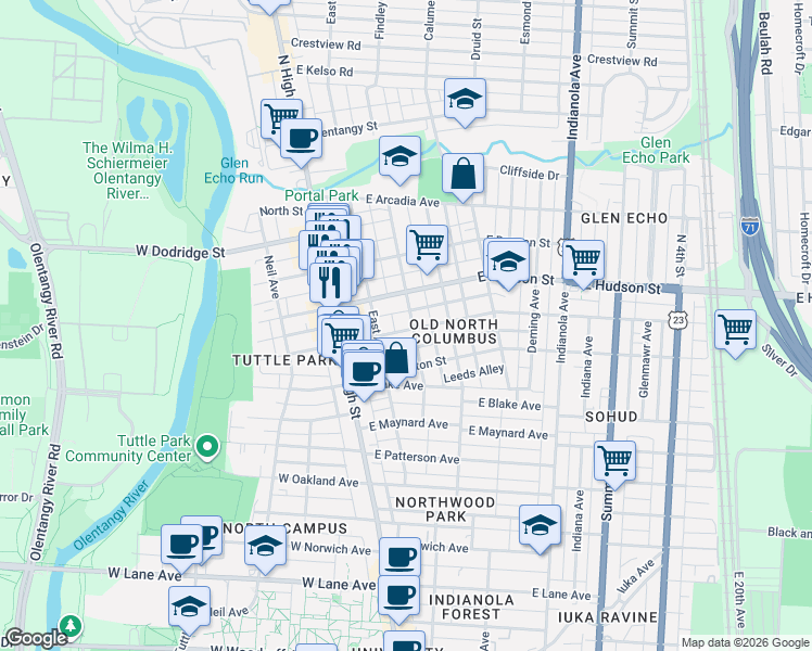 map of restaurants, bars, coffee shops, grocery stores, and more near 98 East Tompkins Street in Columbus