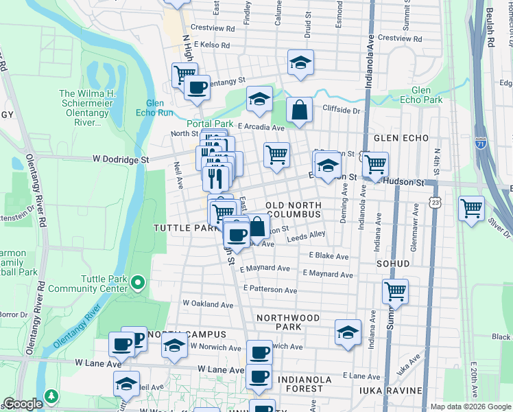 map of restaurants, bars, coffee shops, grocery stores, and more near 98 East Tompkins Street in Columbus