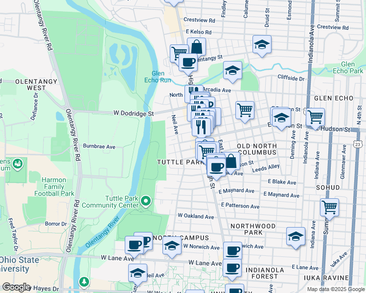 map of restaurants, bars, coffee shops, grocery stores, and more near 59 West Hudson Street in Columbus