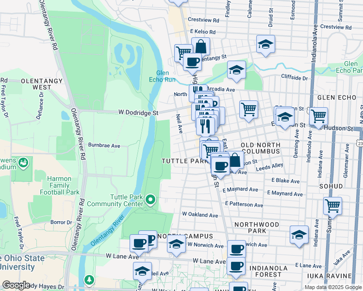map of restaurants, bars, coffee shops, grocery stores, and more near 59 West Hudson Street in Columbus