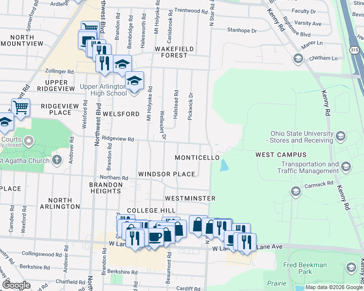 map of restaurants, bars, coffee shops, grocery stores, and more near 1461 Ridgeview Road in Columbus