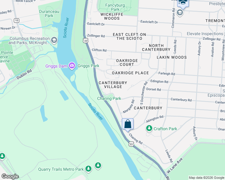 map of restaurants, bars, coffee shops, grocery stores, and more near 2837 Canterbury Lane in Columbus