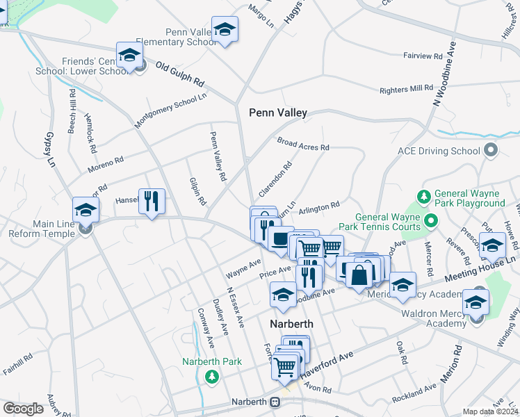 map of restaurants, bars, coffee shops, grocery stores, and more near 603 Old Gulph Road in Penn Valley