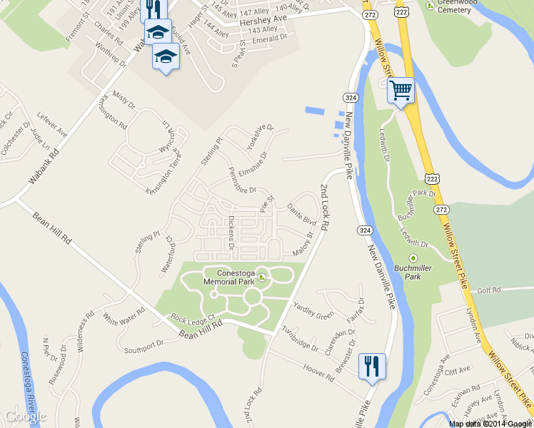 map of restaurants, bars, coffee shops, grocery stores, and more near 272 Kentshire Dr in Lancaster