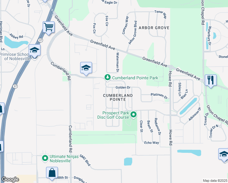 map of restaurants, bars, coffee shops, grocery stores, and more near 15486 Destination Drive in Noblesville