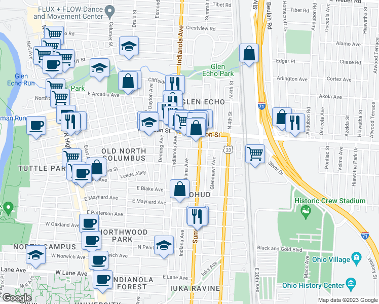 map of restaurants, bars, coffee shops, grocery stores, and more near 373 East Tompkins Street in Columbus