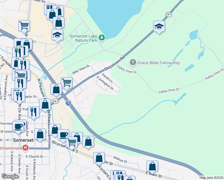 map of restaurants, bars, coffee shops, grocery stores, and more near 171 David Lane in Somerset