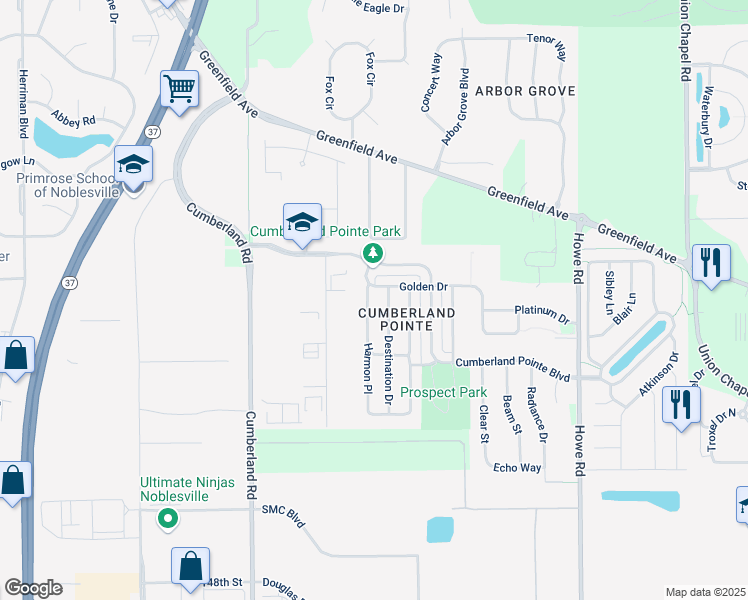 map of restaurants, bars, coffee shops, grocery stores, and more near 15488 Harmon Place in Noblesville