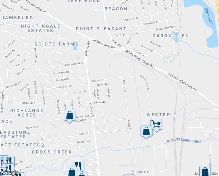 map of restaurants, bars, coffee shops, grocery stores, and more near 3000 Papin Street in Columbus