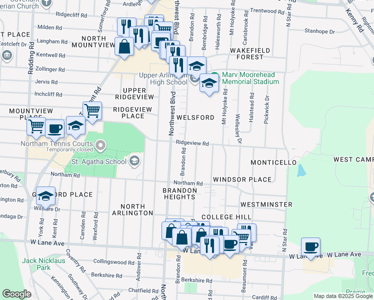 map of restaurants, bars, coffee shops, grocery stores, and more near 2788 Brandon Road in Columbus