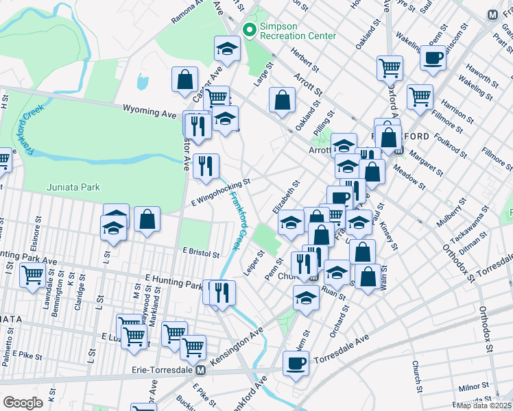 map of restaurants, bars, coffee shops, grocery stores, and more near 1245 Adams Avenue in Philadelphia
