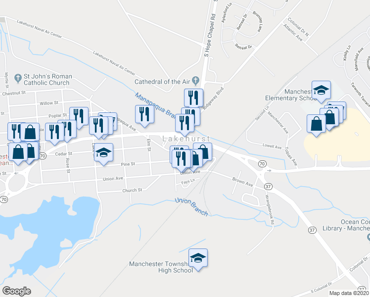 map of restaurants, bars, coffee shops, grocery stores, and more near 98 New Jersey 70 in Lakehurst