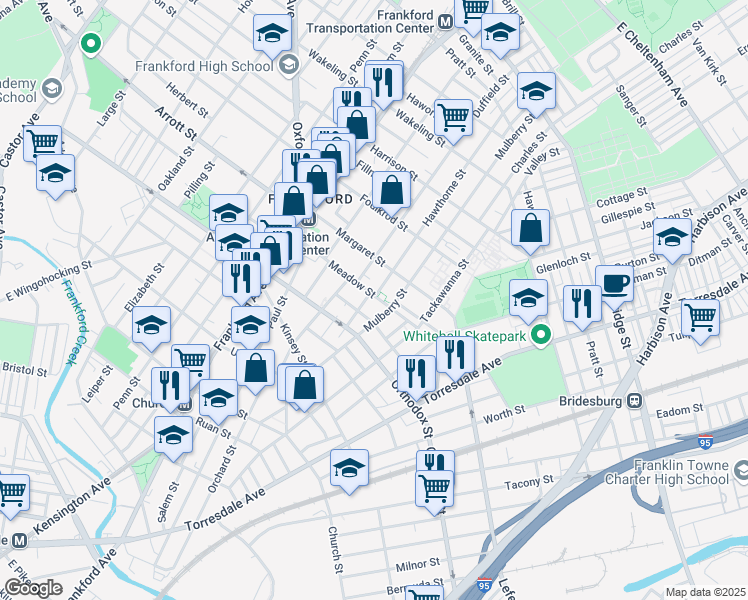 map of restaurants, bars, coffee shops, grocery stores, and more near 1732 Meadow Street in Philadelphia