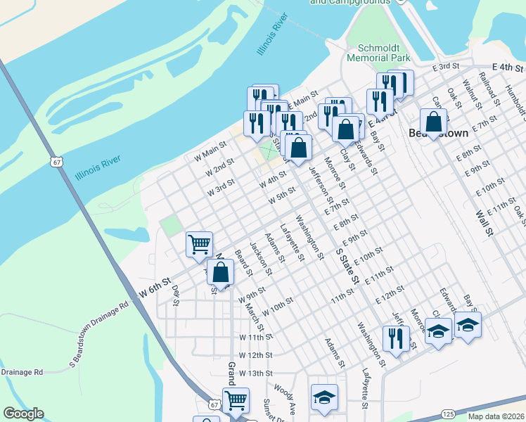 map of restaurants, bars, coffee shops, grocery stores, and more near 311 West 5th Street in Beardstown