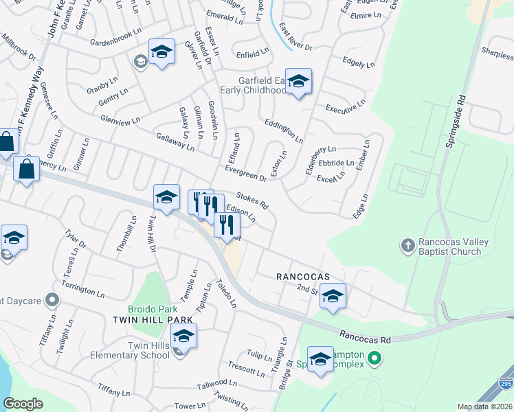 map of restaurants, bars, coffee shops, grocery stores, and more near 45 East Stokes Road in Willingboro