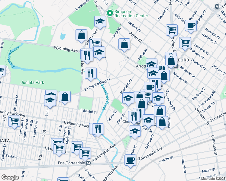 map of restaurants, bars, coffee shops, grocery stores, and more near 1245 Adams Avenue in Philadelphia
