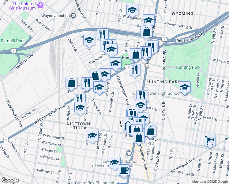 map of restaurants, bars, coffee shops, grocery stores, and more near 3949 North Smedley Street in Philadelphia