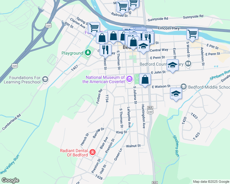 map of restaurants, bars, coffee shops, grocery stores, and more near 4025 Lincoln Drive in Bedford