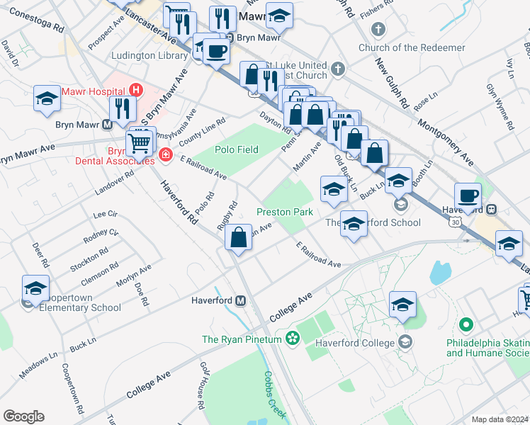 map of restaurants, bars, coffee shops, grocery stores, and more near 734 East Railroad Avenue in Bryn Mawr