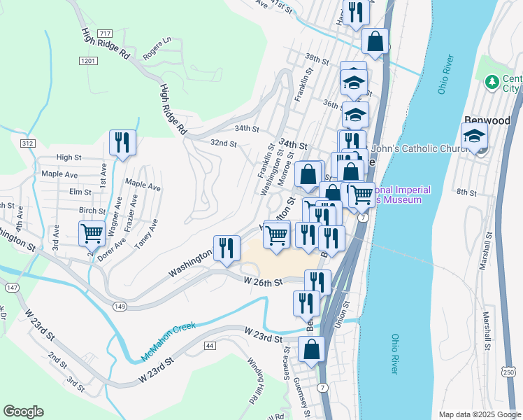 map of restaurants, bars, coffee shops, grocery stores, and more near 3046 Washington Street in Bellaire