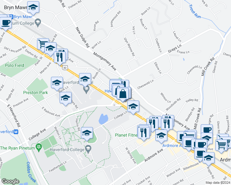 map of restaurants, bars, coffee shops, grocery stores, and more near 402 Berkley Road in Haverford