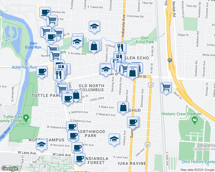 map of restaurants, bars, coffee shops, grocery stores, and more near 2498 Medary Avenue in Columbus