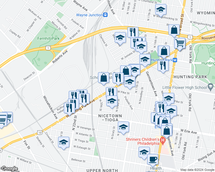 map of restaurants, bars, coffee shops, grocery stores, and more near 3931 Donath Street in Philadelphia