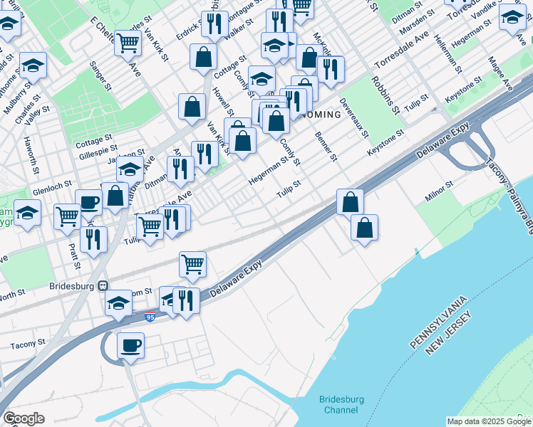 map of restaurants, bars, coffee shops, grocery stores, and more near 4914 Van Kirk Street in Philadelphia