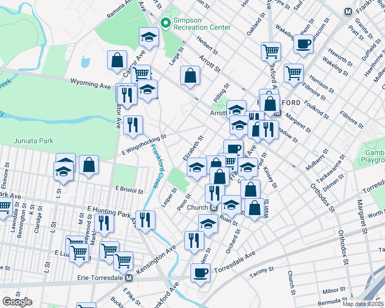map of restaurants, bars, coffee shops, grocery stores, and more near 4336 Elizabeth Street in Philadelphia