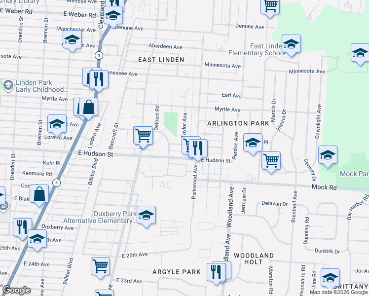 map of restaurants, bars, coffee shops, grocery stores, and more near 2256 Taylor Avenue in Columbus