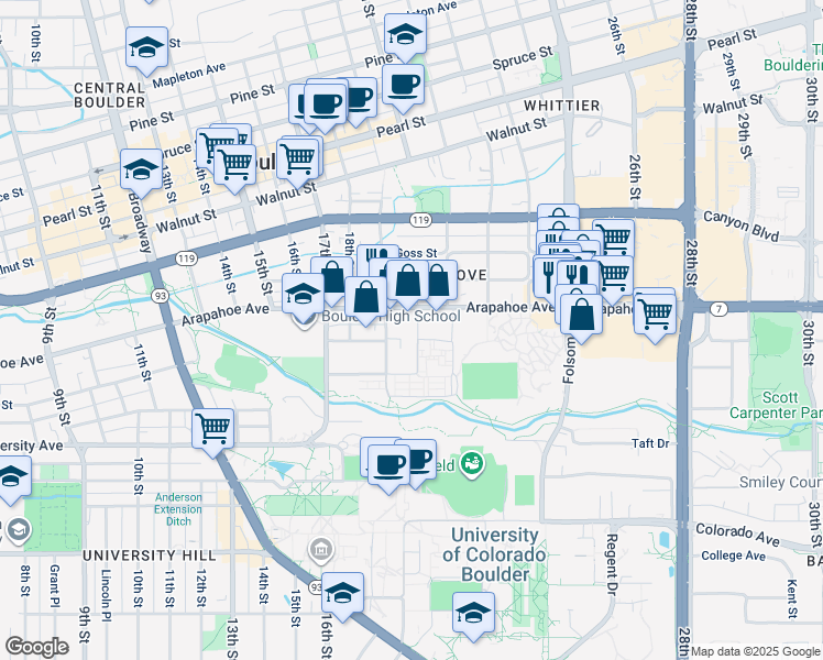 map of restaurants, bars, coffee shops, grocery stores, and more near 1503 20th Street in Boulder
