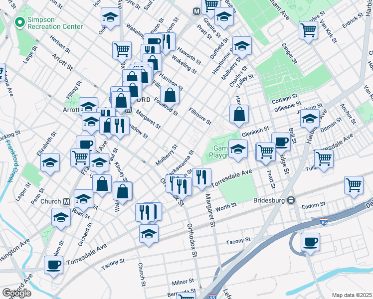 map of restaurants, bars, coffee shops, grocery stores, and more near 1828 Margaret Street in Philadelphia