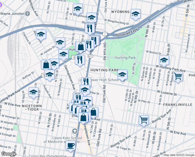 map of restaurants, bars, coffee shops, grocery stores, and more near 4000 North 13th Street in Philadelphia