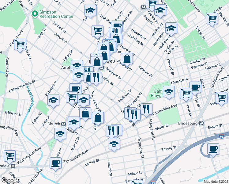 map of restaurants, bars, coffee shops, grocery stores, and more near 1715 Plum Street in Philadelphia