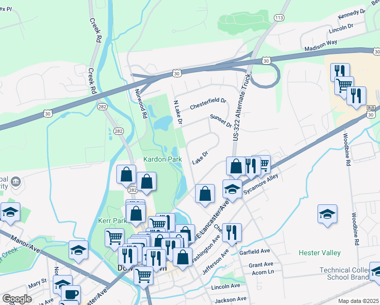 map of restaurants, bars, coffee shops, grocery stores, and more near 117 Lake Drive in Downingtown