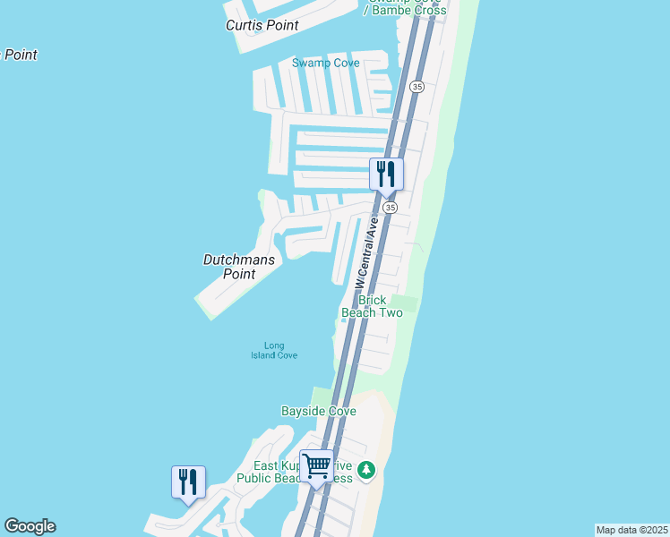 map of restaurants, bars, coffee shops, grocery stores, and more near 337 North Bay Drive in Mantoloking