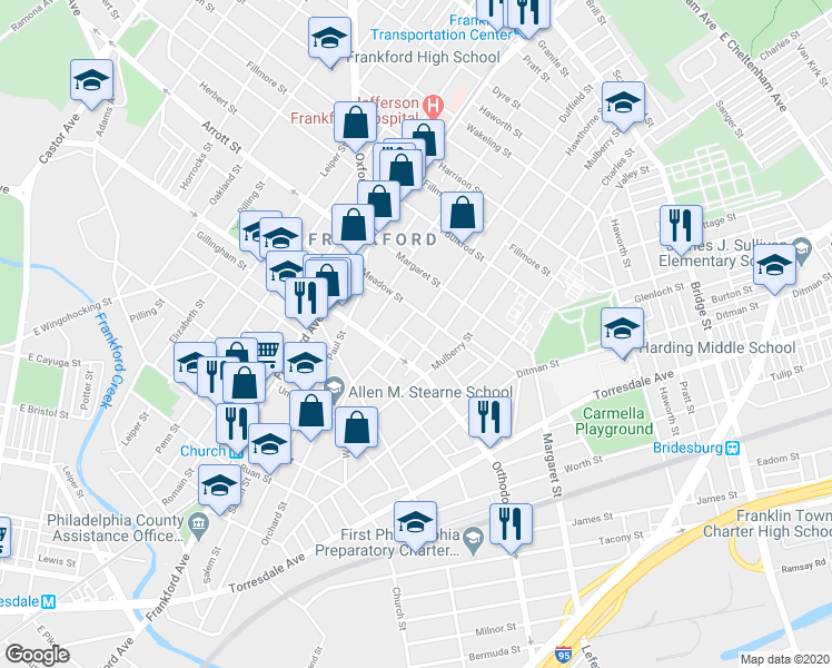 map of restaurants, bars, coffee shops, grocery stores, and more near 1715 Plum Street in Philadelphia