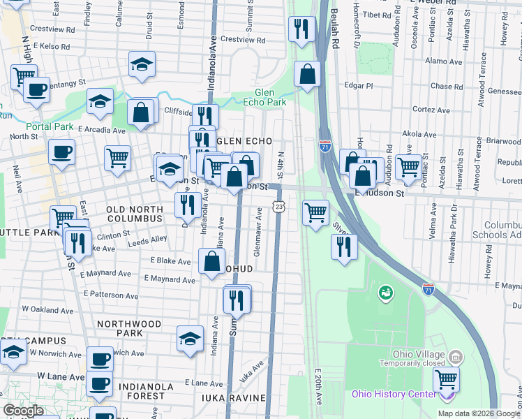 map of restaurants, bars, coffee shops, grocery stores, and more near 451 East Tompkins Street in Columbus