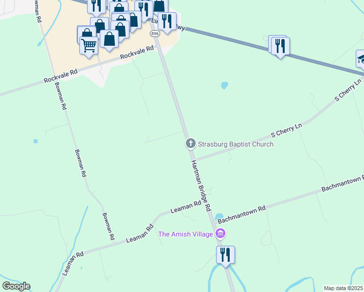 map of restaurants, bars, coffee shops, grocery stores, and more near 112 Hartman Bridge Road in Ronks