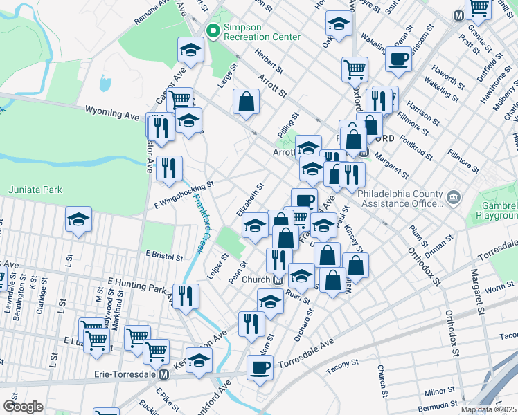 map of restaurants, bars, coffee shops, grocery stores, and more near 1401 Unity Street in Philadelphia