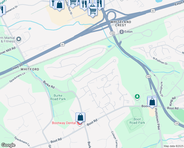 map of restaurants, bars, coffee shops, grocery stores, and more near 200 Snowberry Way in West Chester