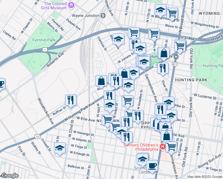 map of restaurants, bars, coffee shops, grocery stores, and more near 1917 West Hunting Park Avenue in Philadelphia