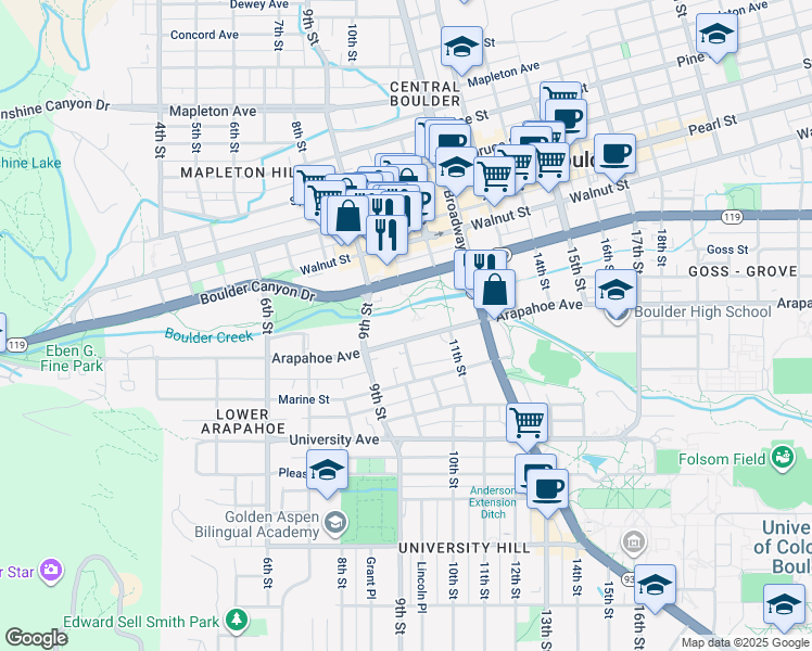 map of restaurants, bars, coffee shops, grocery stores, and more near 1001 Arapahoe Avenue in Boulder