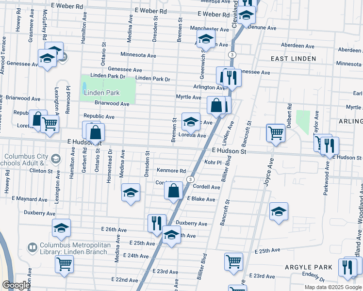 map of restaurants, bars, coffee shops, grocery stores, and more near 1514 East Hudson Street in Columbus