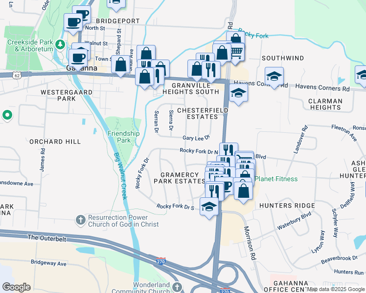 map of restaurants, bars, coffee shops, grocery stores, and more near 215 Flint Ridge Drive in Columbus
