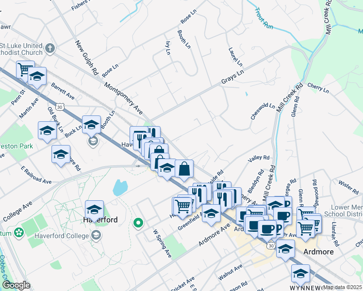 map of restaurants, bars, coffee shops, grocery stores, and more near 101 Cheswold Lane in Haverford