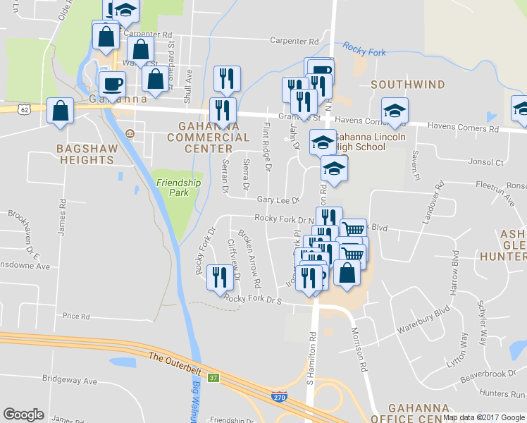 map of restaurants, bars, coffee shops, grocery stores, and more near 215 Flint Ridge Drive in Columbus