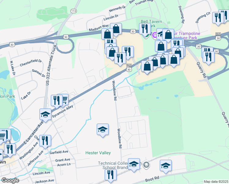 map of restaurants, bars, coffee shops, grocery stores, and more near 107 Woodbine Road in Downingtown